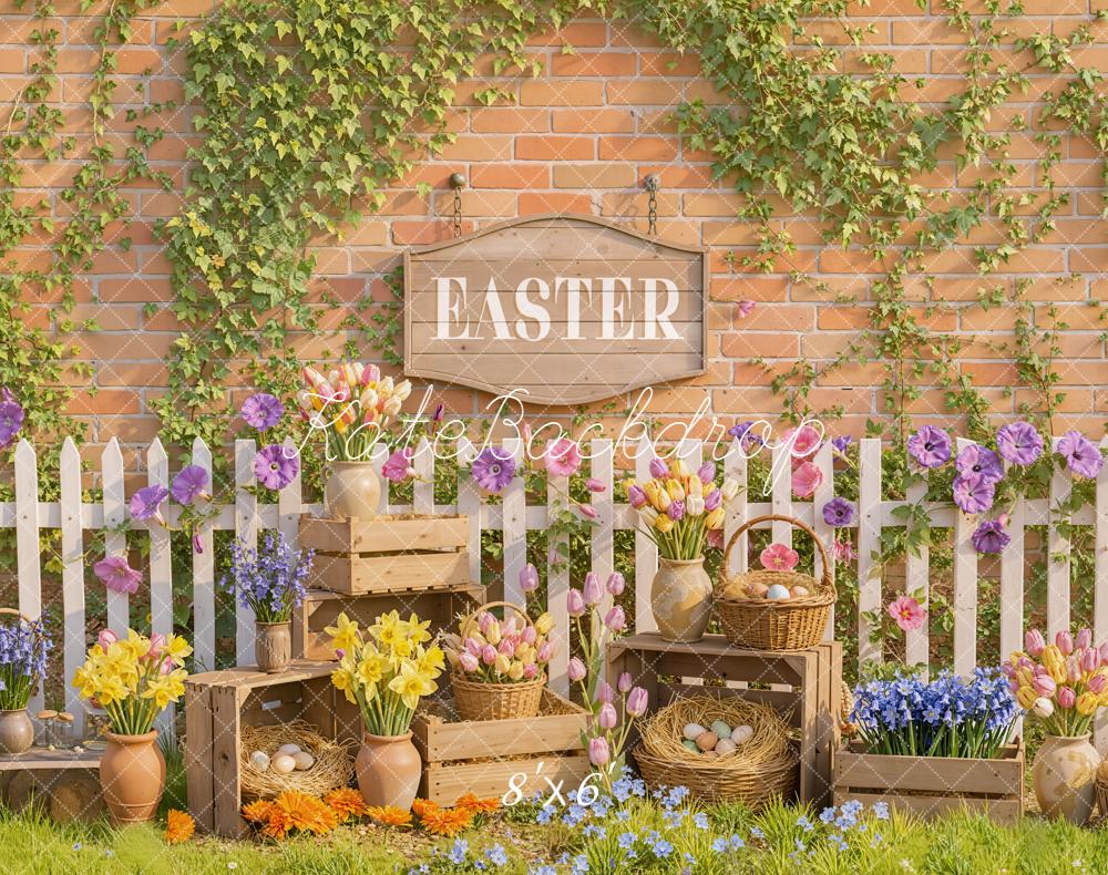 Kate Easter Floral Eggs Picket Fence Fleece Backdrop Designed by Emetselch -UK