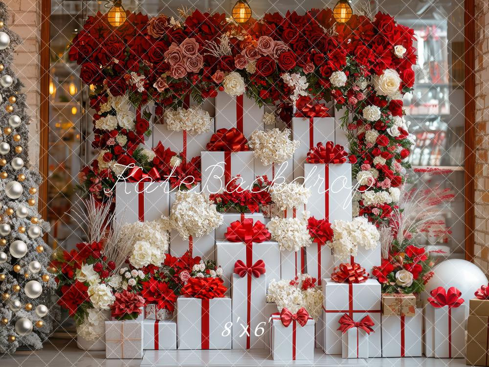 Kate Christmas Gift Boxes Red White Flowers Backdrop Designed by Mini MakeBelieve -UK