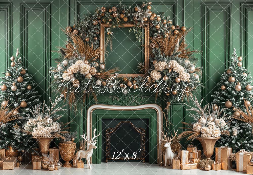 Kate Christmas Green Fireplace Fleece Backdrop Designed by Emetselch