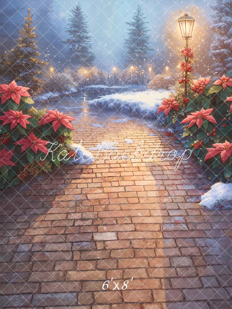 Kate Christmas Snowy Stone Path Poinsettia Lamp Backdrop Designed by Emetselch