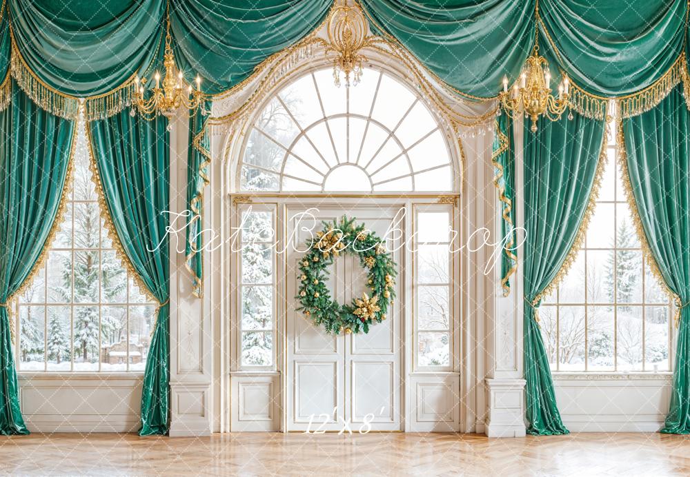 Kate Christmas Green Drape Wreath Window Fleece Backdrop Designed by Emetselch -UK