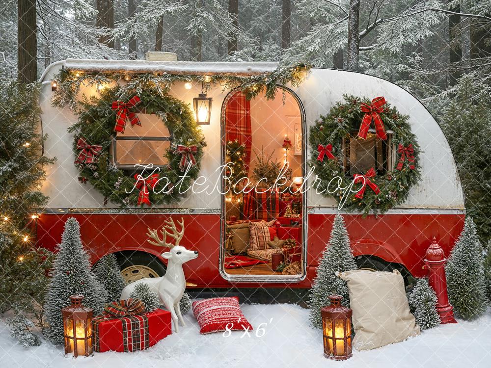 Kate Christmas Caravan Reindeer Presents Snow Backdrop Designed by Emetselch