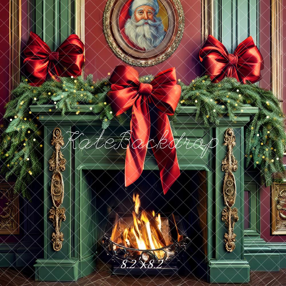 Kate Christmas Green Fireplace Bow Backdrop Designed by Mandy Ringe Photography -UK