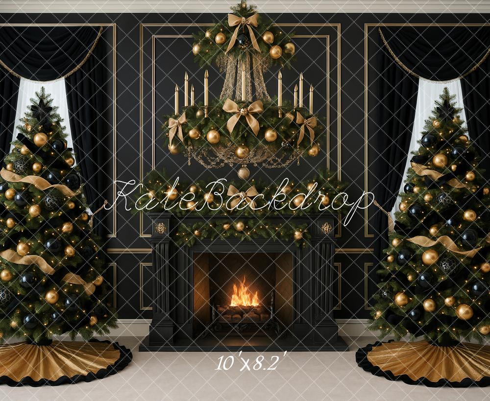 Kate Christmas Black Fireplace Trees Backdrop Designed by Ashley Paul