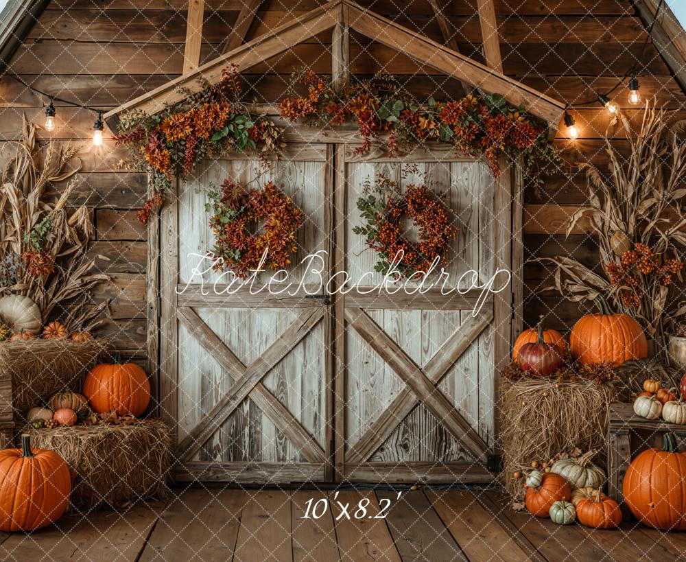 Kate Autumn Barn Door Pumpkins Hay Backdrop Designed by Emetselch