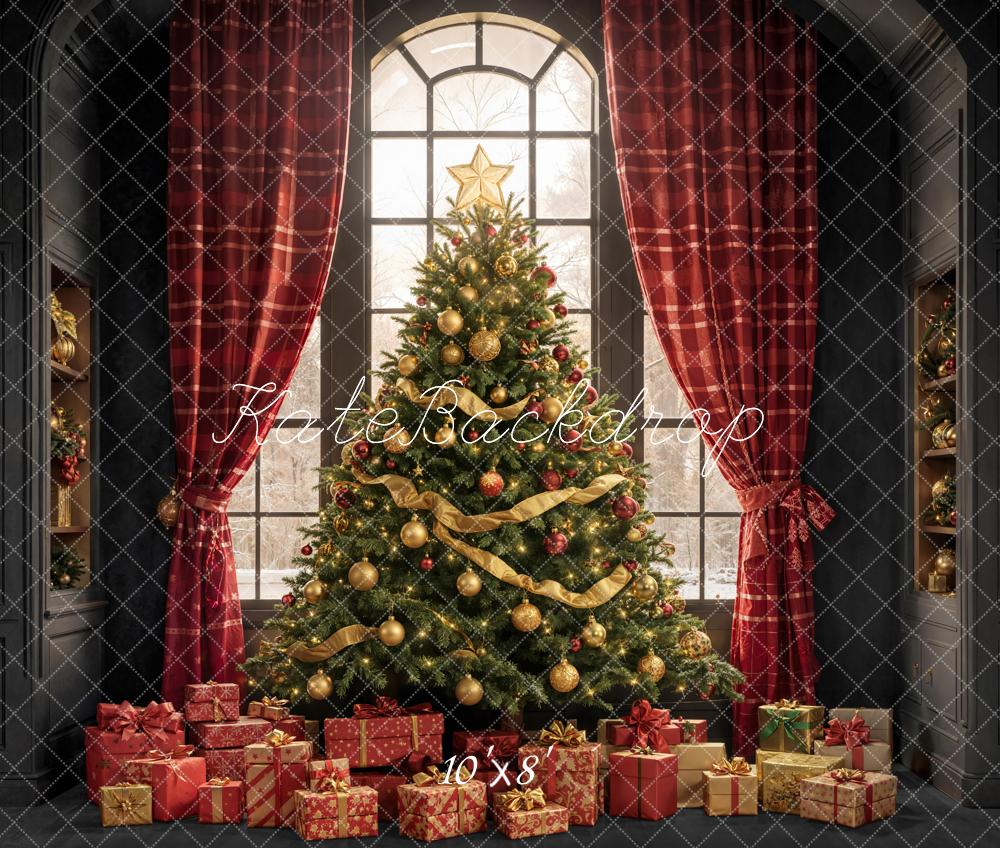 Kate Christmas Tree Bookshelves Window Fleece Backdrop Designed by Emetselch -UK