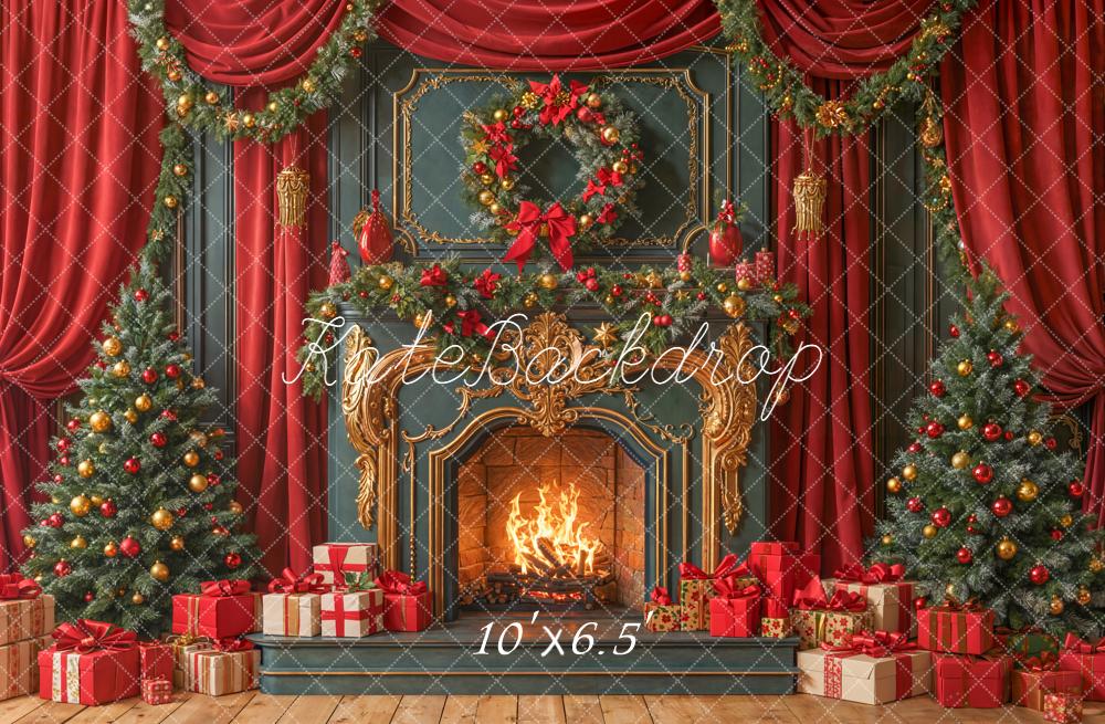 Kate Red Christmas Fireplace Trees Presents Backdrop Designed by Emetselch