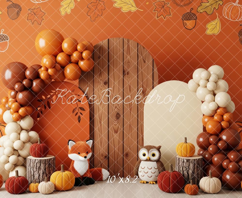 Kate Autumn Leaves Balloons Fox Owl Pumpkins Backdrop Designed by Patty Robert