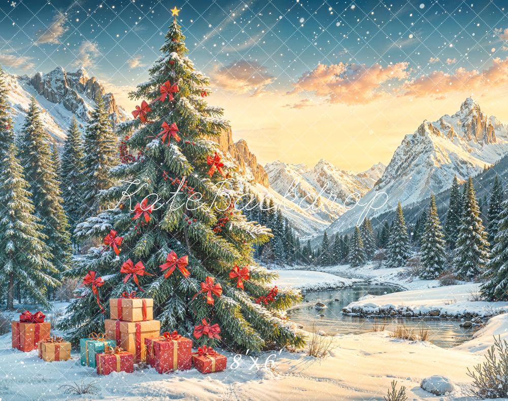Kate Christmas Tree Snowy Mountains Fleece Backdrop Designed by Emetselch -UK