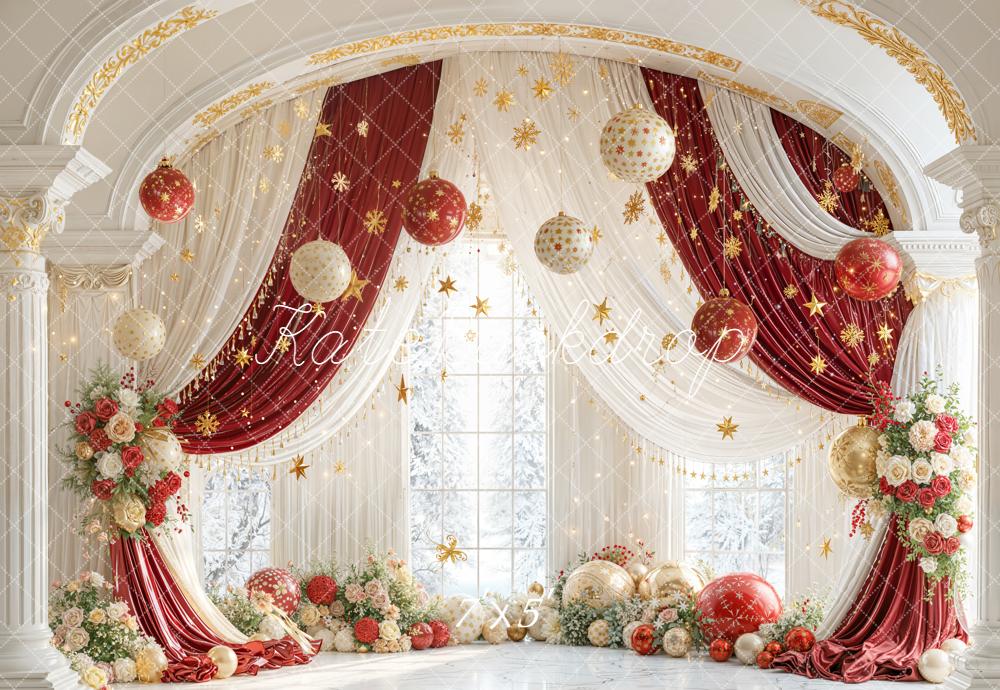 Kate Christmas Red Gold Ornaments Floral Arch Backdrop Designed by Emetselch -UK