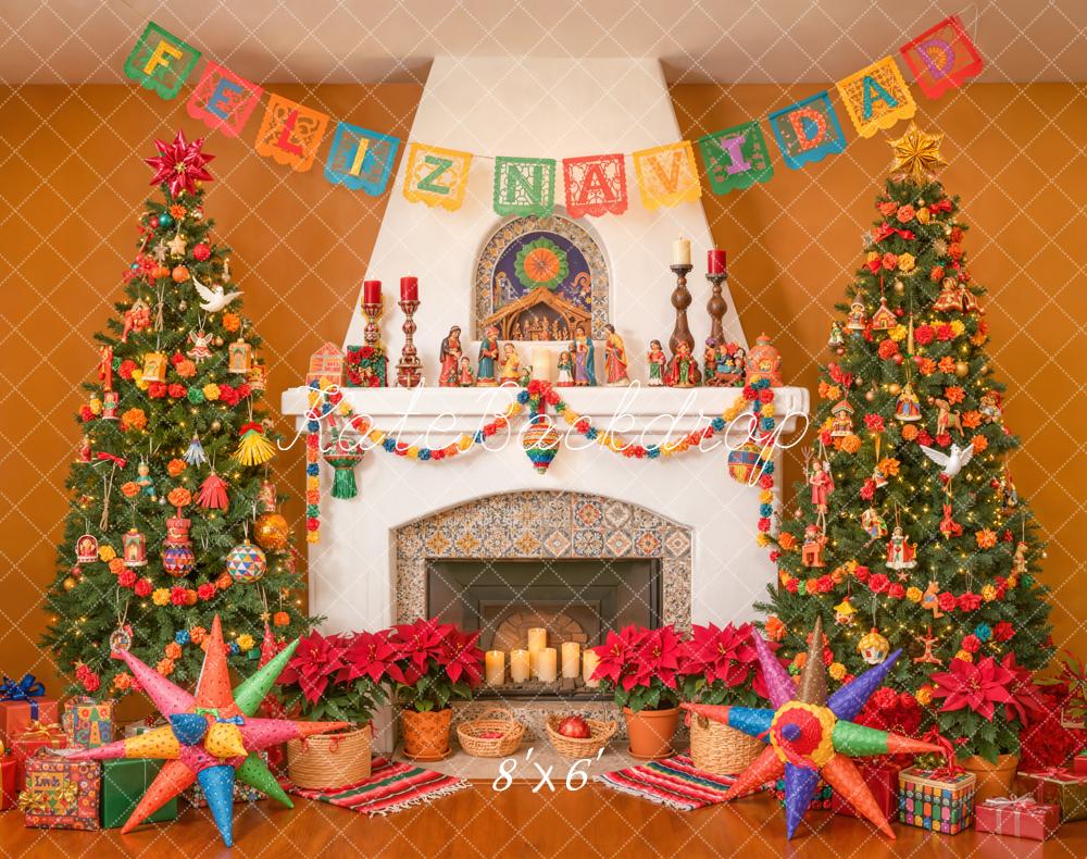 Kate Christmas Fireplace Trees Piñatas Fleece Backdrop Designed by Emetselch -UK