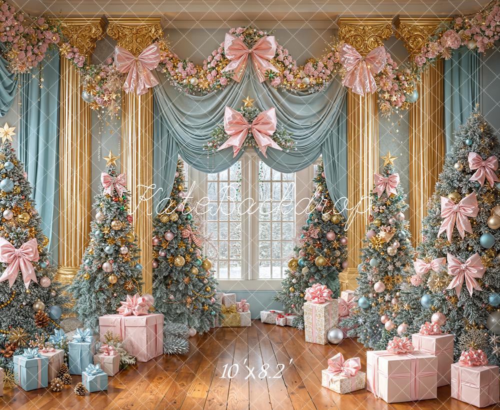 Kate Christmas Pink Blue Trees Presents Fleece Backdrop Designed by Emetselch -UK