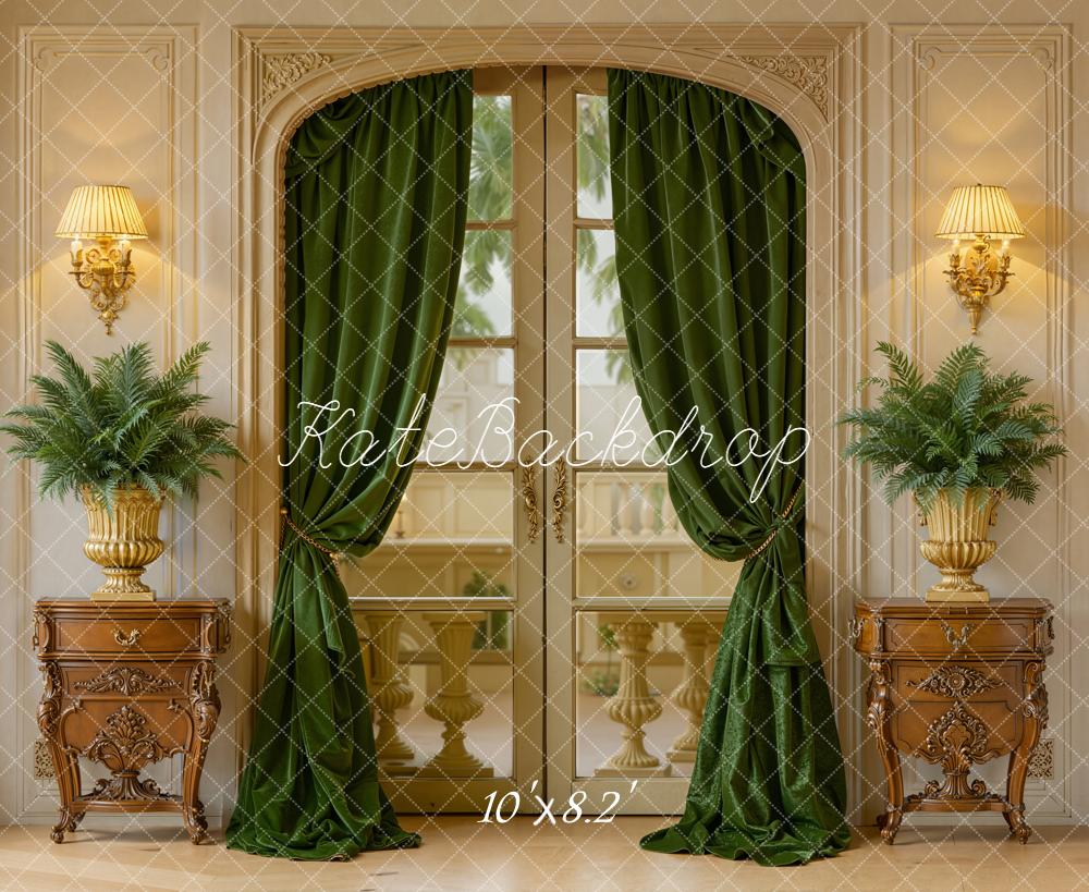 Kate Vintage French Window Green Curtains Plants Backdrop Designed by Emetselch
