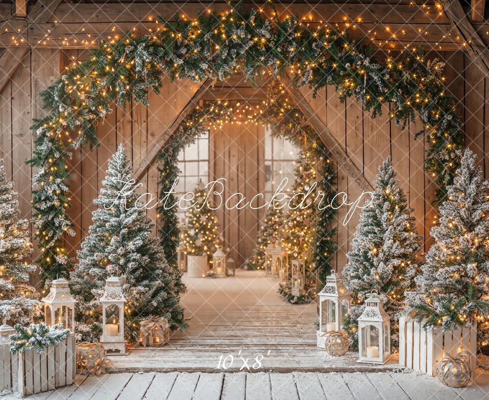 Kate Christmas Arch Snowy Trees Lanterns Fleece Backdrop Designed by Emetselch