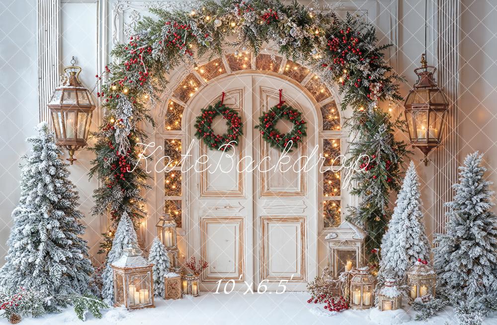 Kate Christmas Snowy Door Garland Lanterns Backdrop Designed by Emetselch