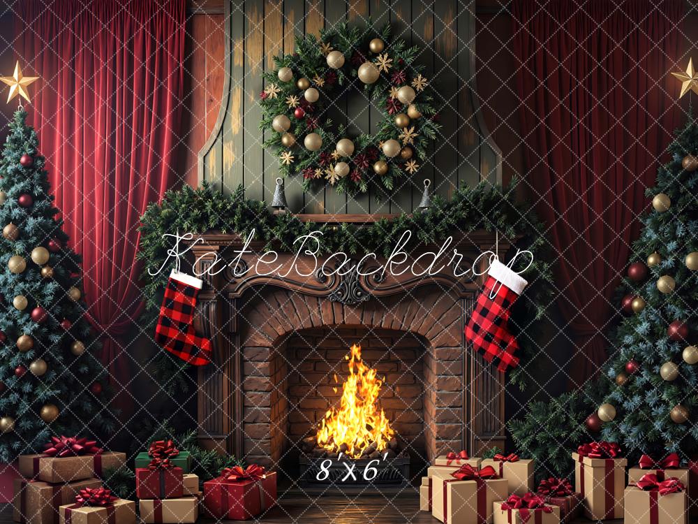 Kate Christmas Fireplace Wreath Stockings Trees Backdrop Designed by Mini MakeBelieve -UK