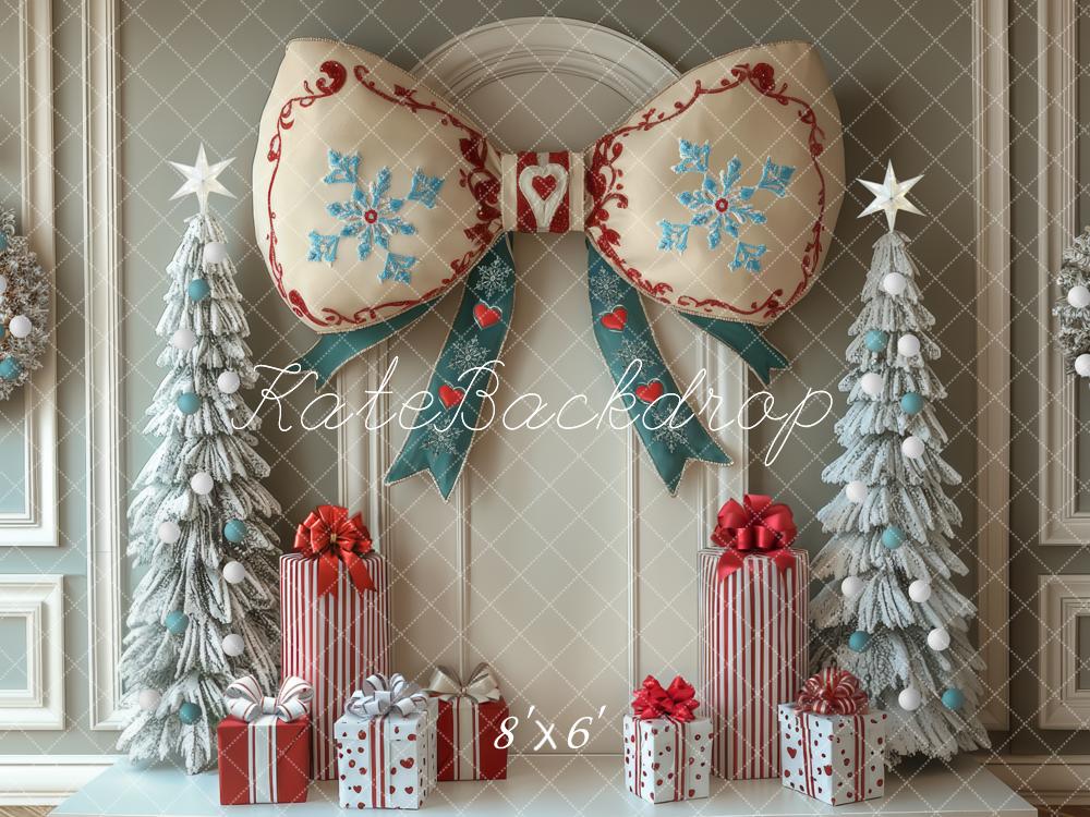 Kate Christmas Bow Frosted Trees Gifts Backdrop Designed by Mini MakeBelieve -UK