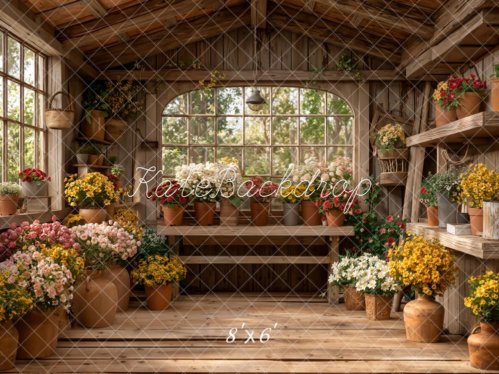 Kate Floral Pots Wooden Shelves Greenhouse Fleece Backdrop Designed by Emetselch -UK