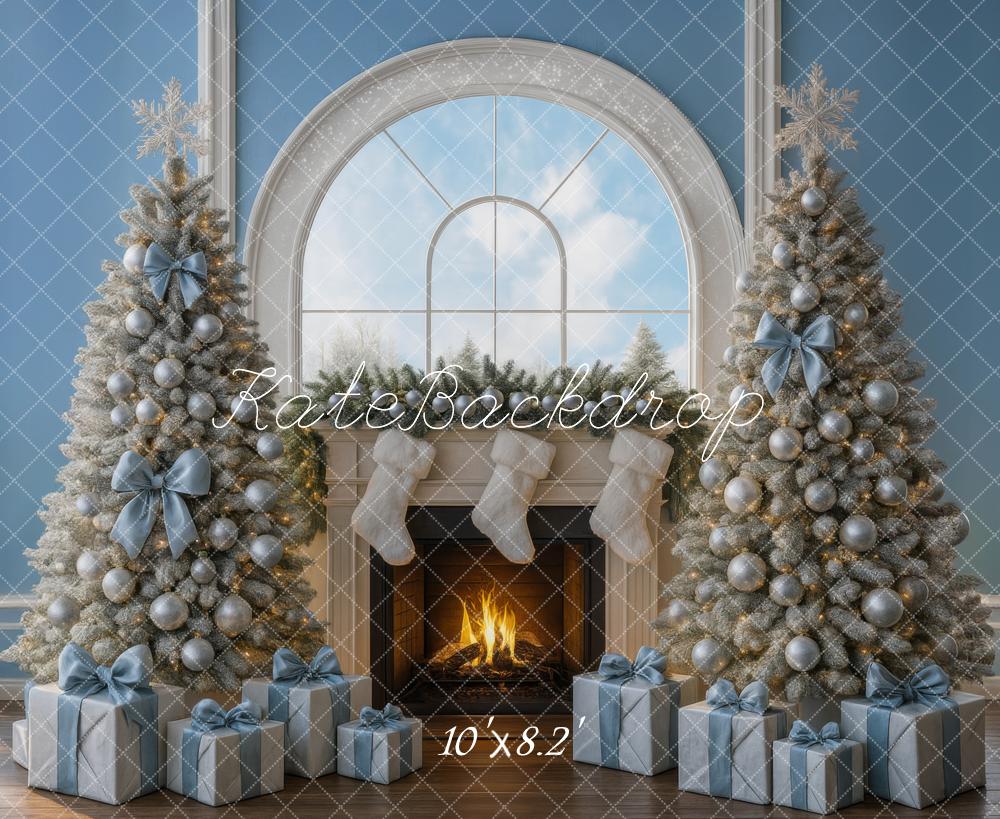 Kate Christmas Fireplace Blue Gift Boxes Trees Backdrop Designed by Mini MakeBelieve -UK