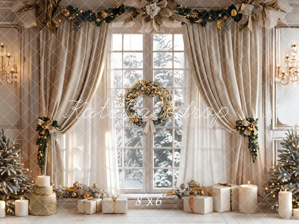 Kate Christmas Beige Curtain White Window Backdrop Designed by Emetselch -UK