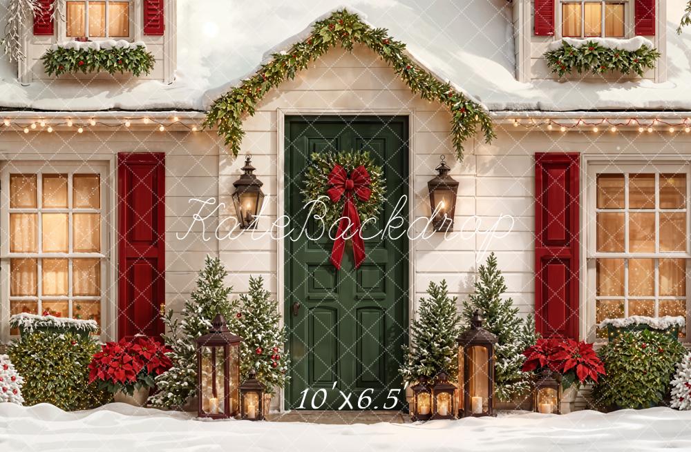 Kate Christmas House Red Green Door Wreath Backdrop Designed by Emetselch -UK