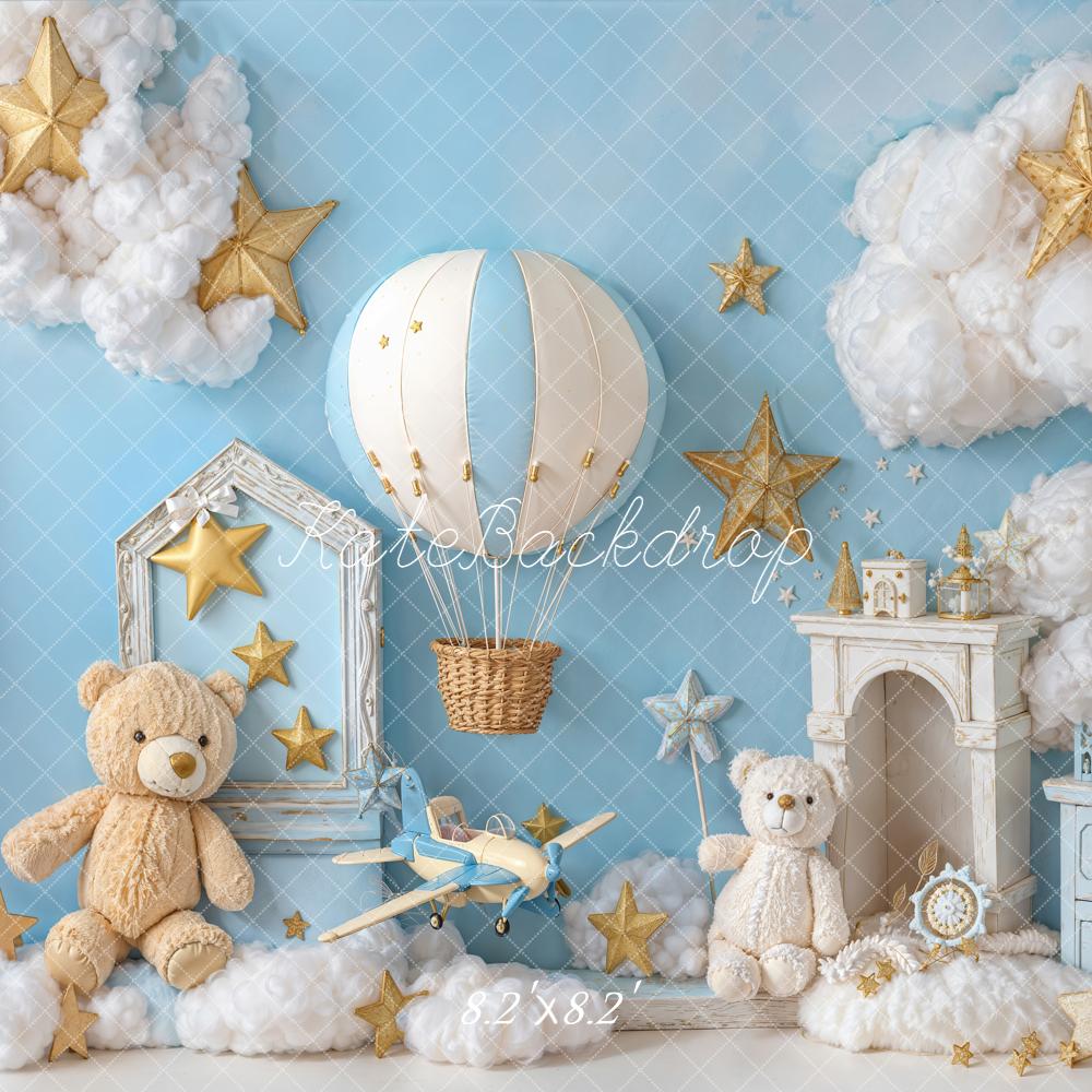 Kate Teddy Bears Hot Air Balloon Stars Clouds Blue Backdrop Designed by Emetselch