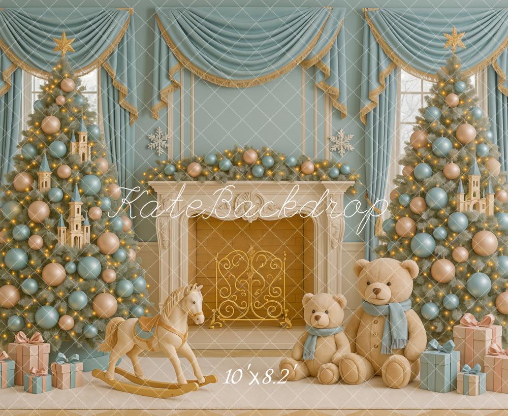 Kate Blue Gold Christmas Trees Fireplace Toys Backdrop Designed by Ashley Paul