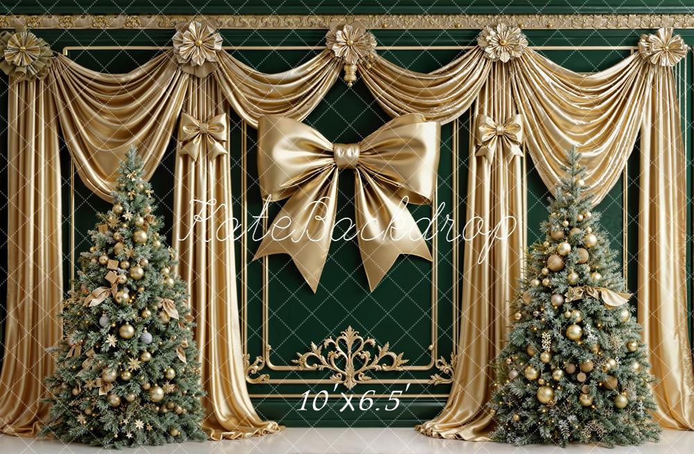 Kate Christmas Gold Drapes Bow Green Trees Backdrop Designed by Emetselch -UK