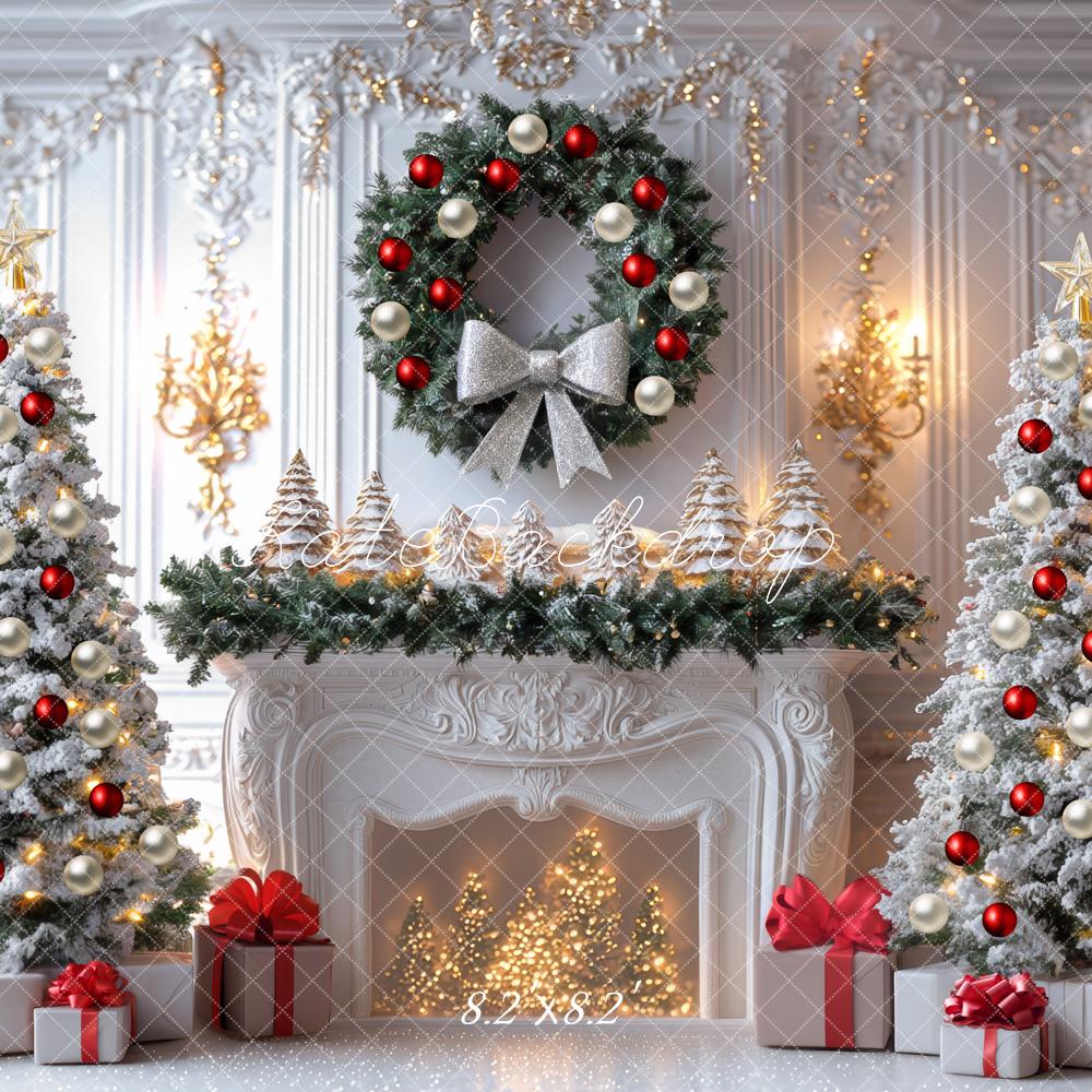 Kate Christmas White Fireplace Wreath Trees Backdrop Designed by Mini MakeBelieve -UK