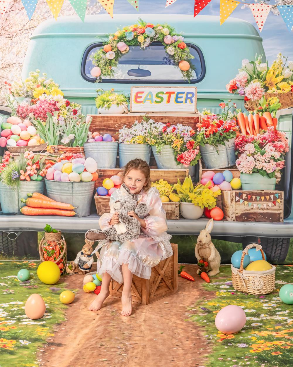 Kate Easter Truck Green Plant Backdrop+Spring Flowers Field Path Floor Backdrop