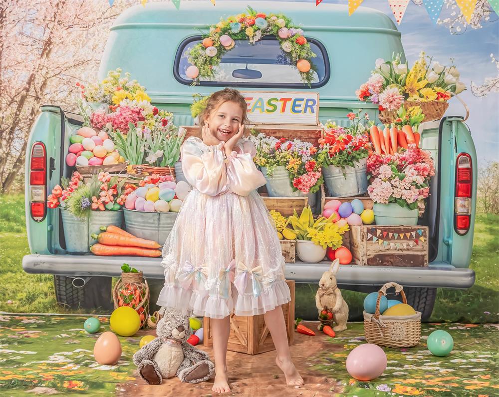 Kate Easter Truck Green Plant Backdrop+Spring Flowers Field Path Floor Backdrop