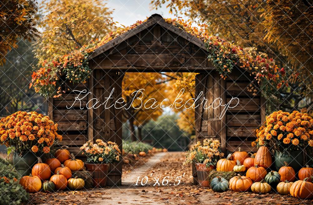 Kate Autumn Forest Pumpkin Brown Barn Door Backdrop Designed by Emetselch -UK