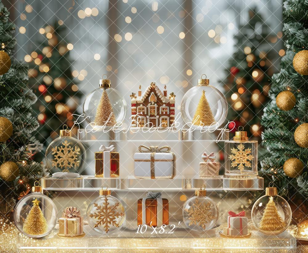 Kate Christmas Trees Ornaments Gingerbread Gold Backdrop Designed by Mini MakeBelieve -UK