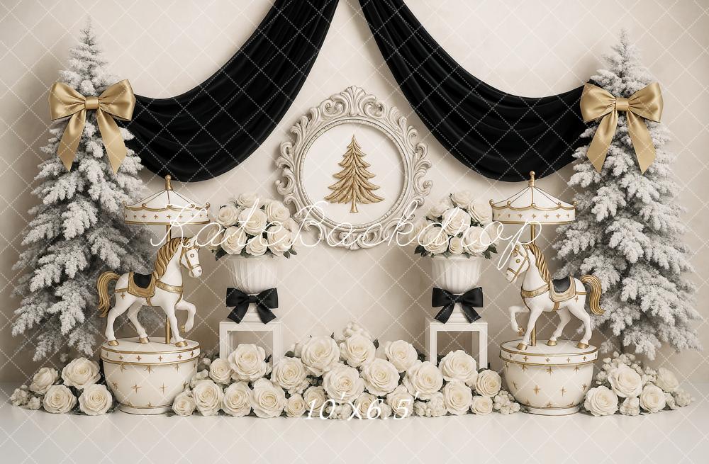 Kate Christmas Carousel Trees White Roses Backdrop Designed by Ashley Paul -UK