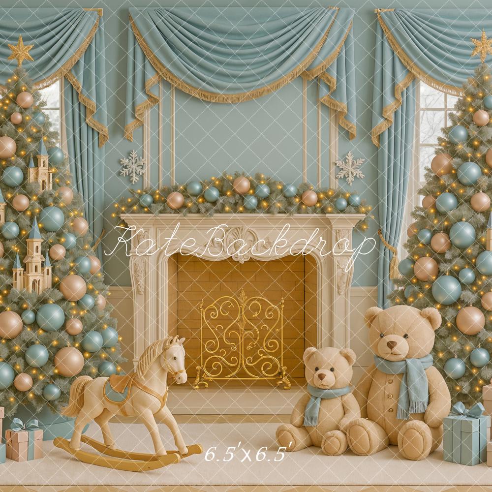 Kate Blue Gold Christmas Trees Fireplace Toys Backdrop Designed by Ashley Paul