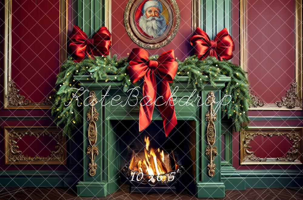 Kate Christmas Green Fireplace Bow Backdrop Designed by Mandy Ringe Photography -UK