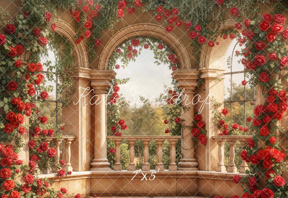Kate Red Roses Stone Balcony Arches Backdrop Designed by Emetselch -UK