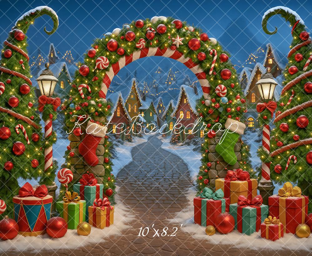 Kate Christmas Arch Candy Trees Presents Village Backdrop Designed by Ashley Paul