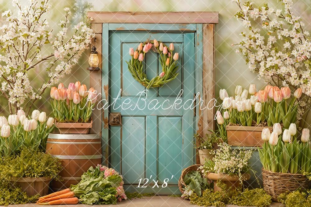 Kate Spring Blue Door Tulips Fleece Backdrop Designed by Emetselch