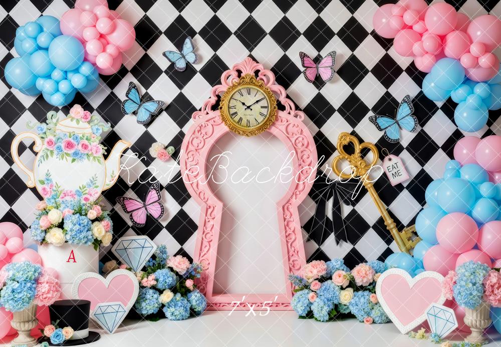 Kate Fantasy Clock Teapot Butterflies Balloons Backdrop Designed by Patty Robert