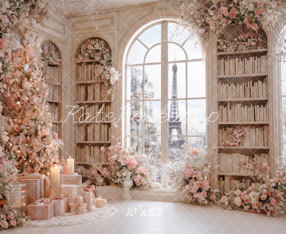 Kate Christmas Pink Floral Bookshelves Window Backdrop Designed by Ashley Paul