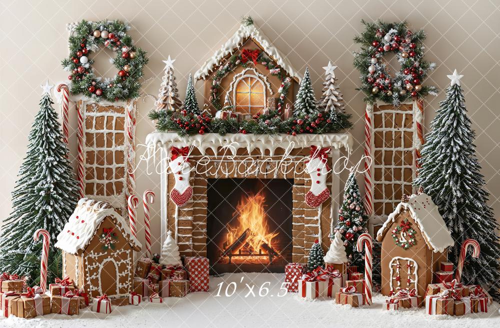Kate Christmas Gingerbread Fireplace Wreath Trees Backdrop Designed by Emetselch