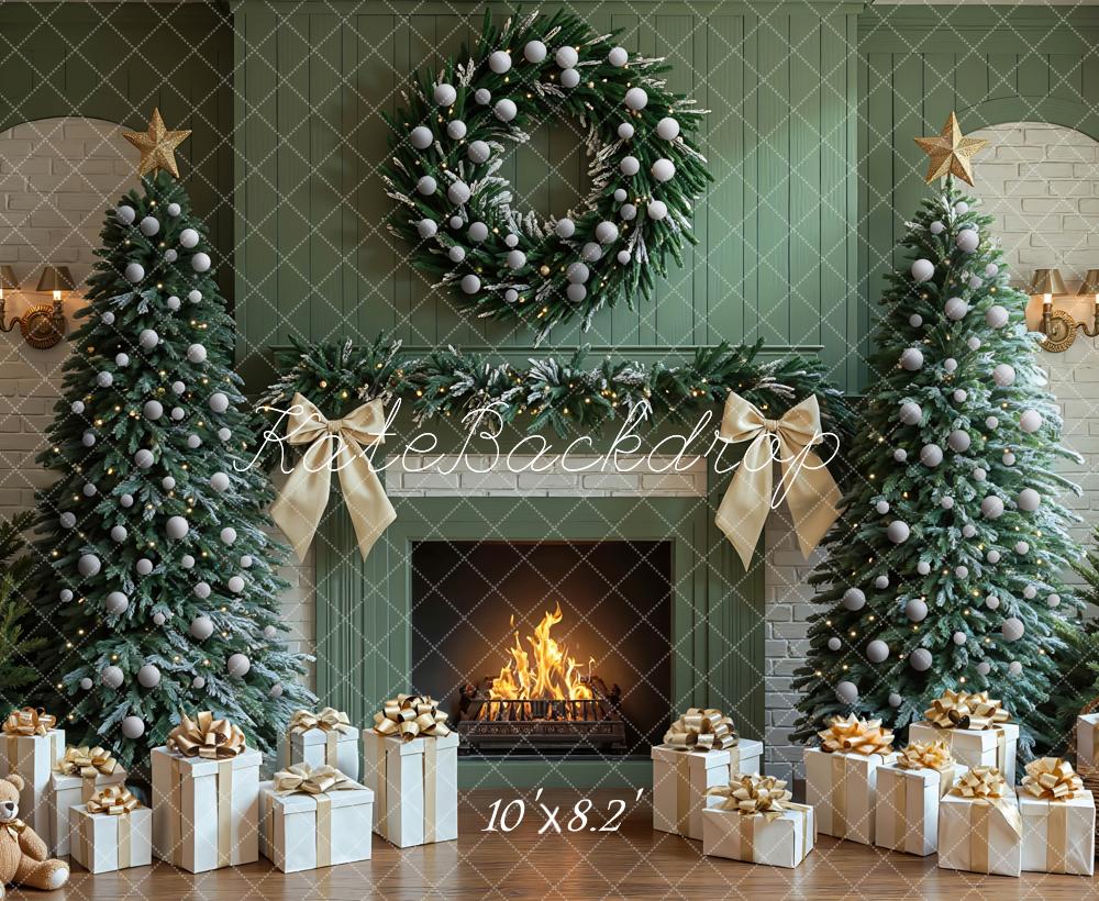 Kate Green Christmas Fireplace Trees Wreath Presents Backdrop Designed by Mini MakeBelieve -UK
