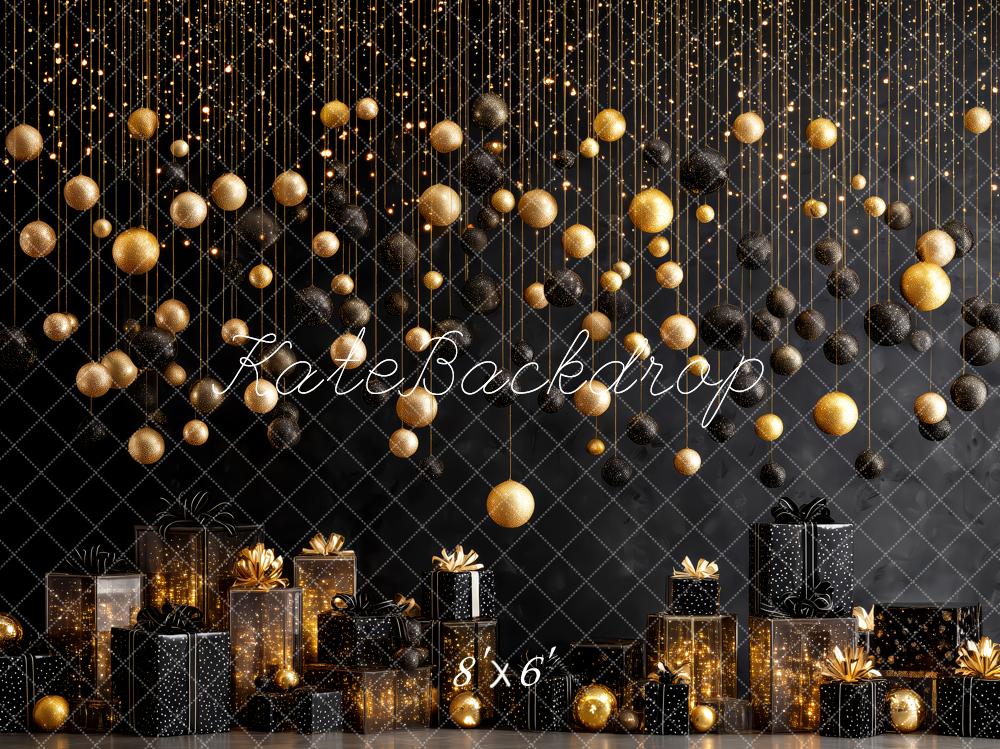 Kate Christmas Gold Black Baubles Presents Backdrop Designed by Patty Robert