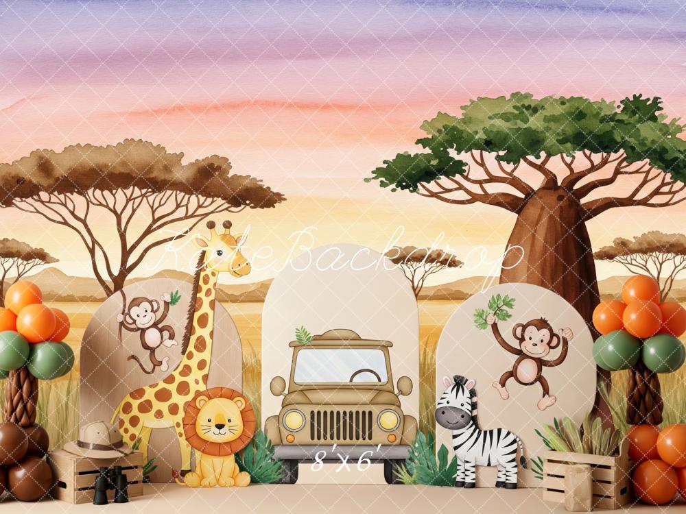 Kate Jungle Cartoon Animals Safari Trees Backdrop Designed by Patty Robert