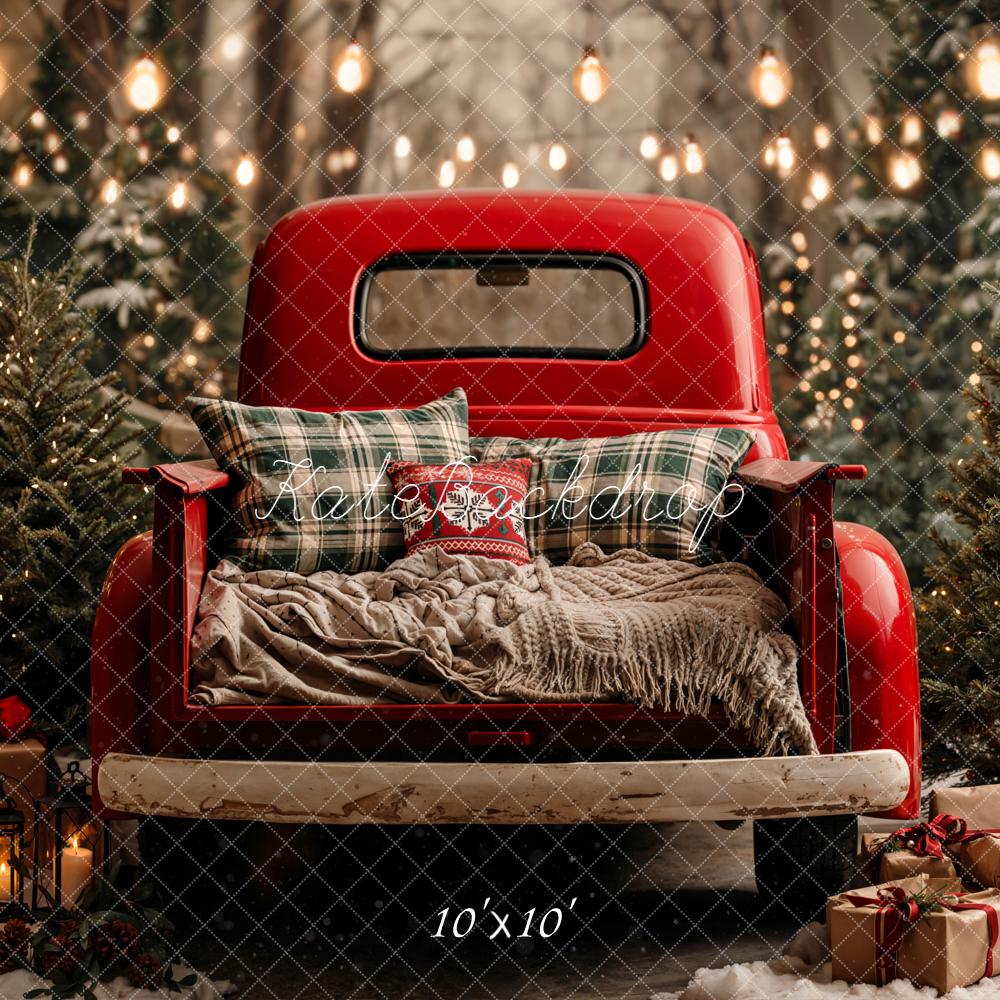 Kate Christmas Red Truck Snowy Trees Presents Backdrop Designed by Emetselch -UK