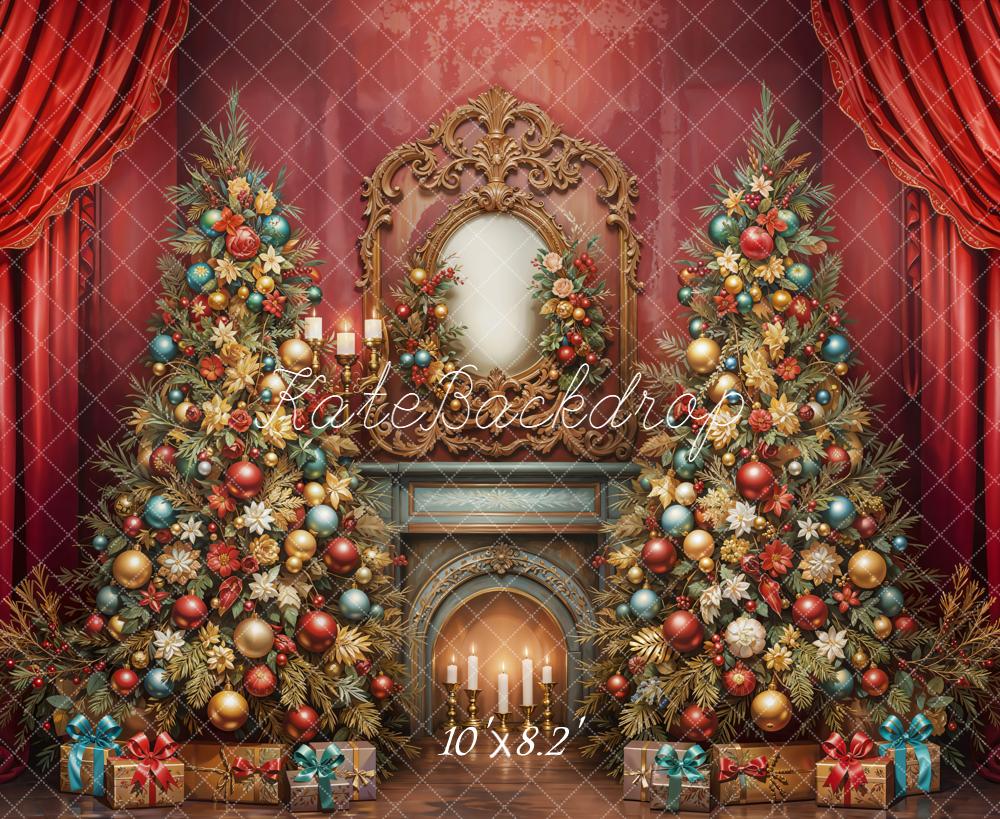 Kate Christmas Trees Fireplace Gifts Red Curtains Backdrop Designed by Emetselch