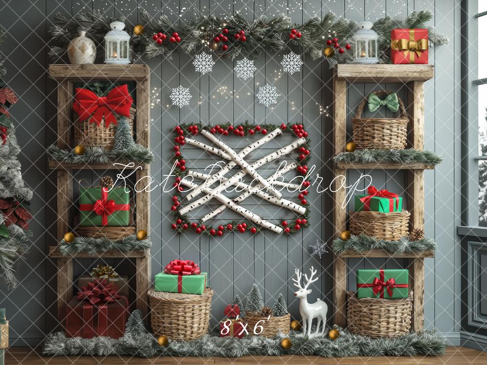 Kate Christmas Grey Wooden Shelves Presents Backdrop Designed by Mini MakeBelieve -UK