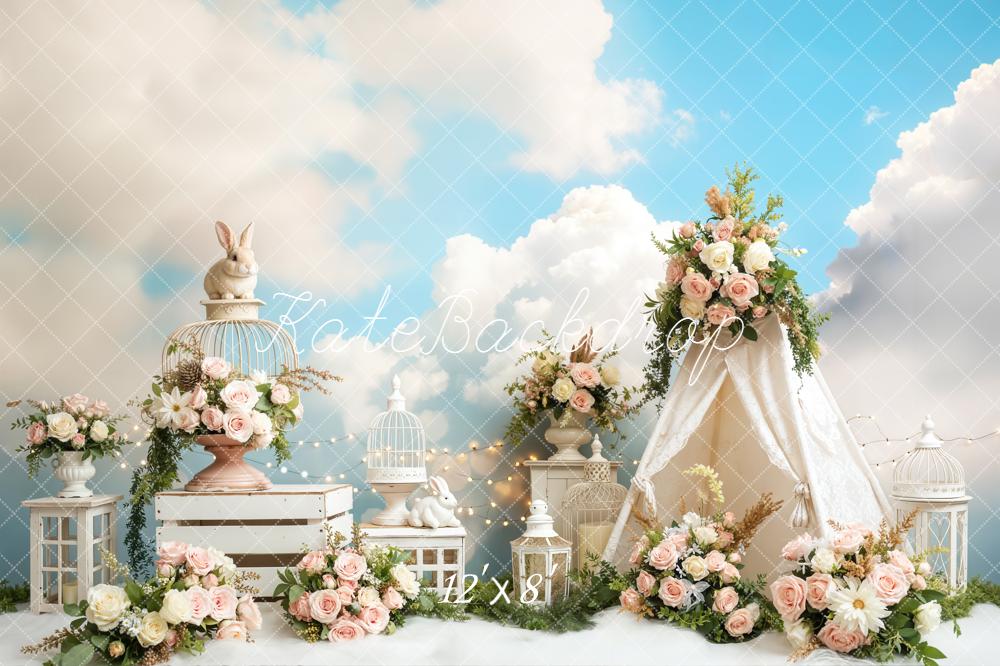 Kate Easter Bunny Tent Floral Clouds Backdrop Designed by Emetselch