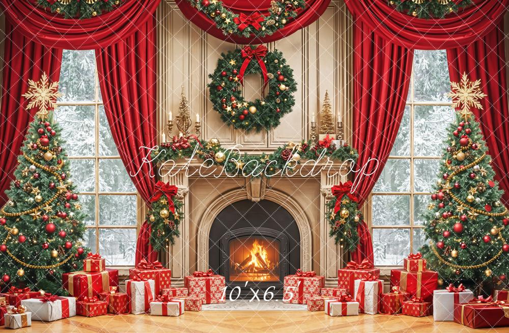 Kate Christmas Fireplace Tree Wreath Red Curtains Backdrop Designed by Emetselch